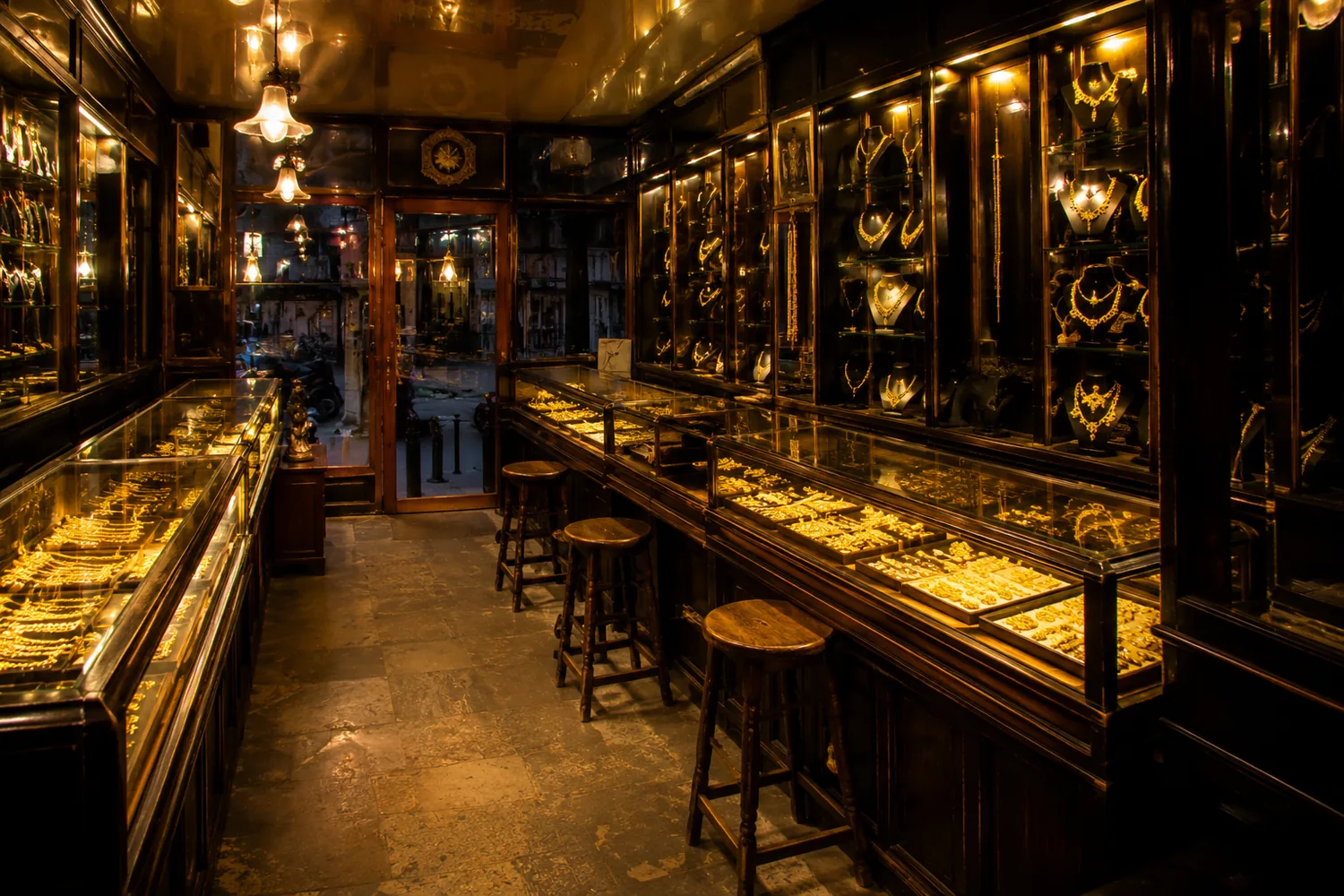 Inside the shop, teak counters and lit cases