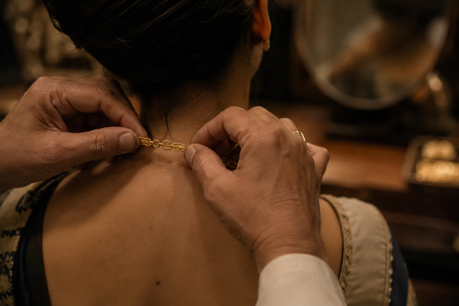 A gold necklace being fastened for a customer