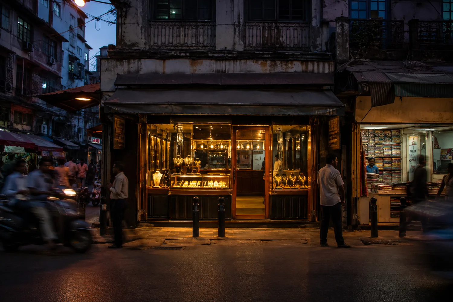 The shopfront at dusk
