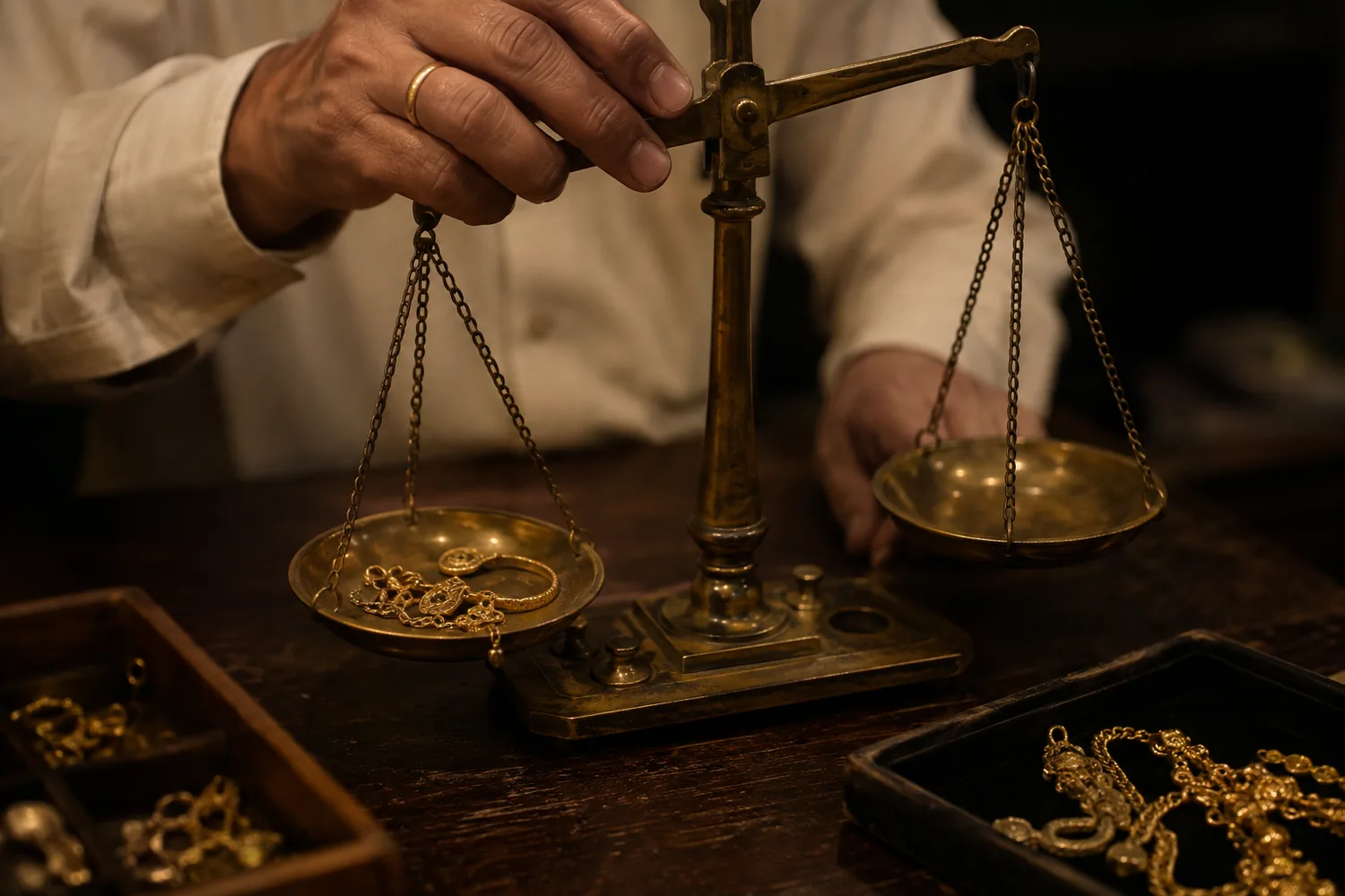 Old gold on a brass balance