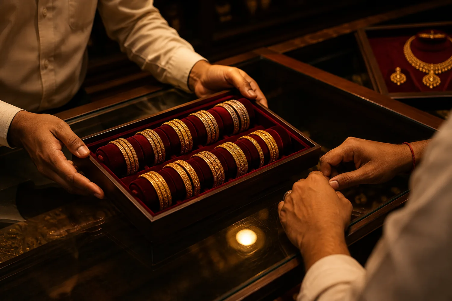 A tray of bangles on the counter