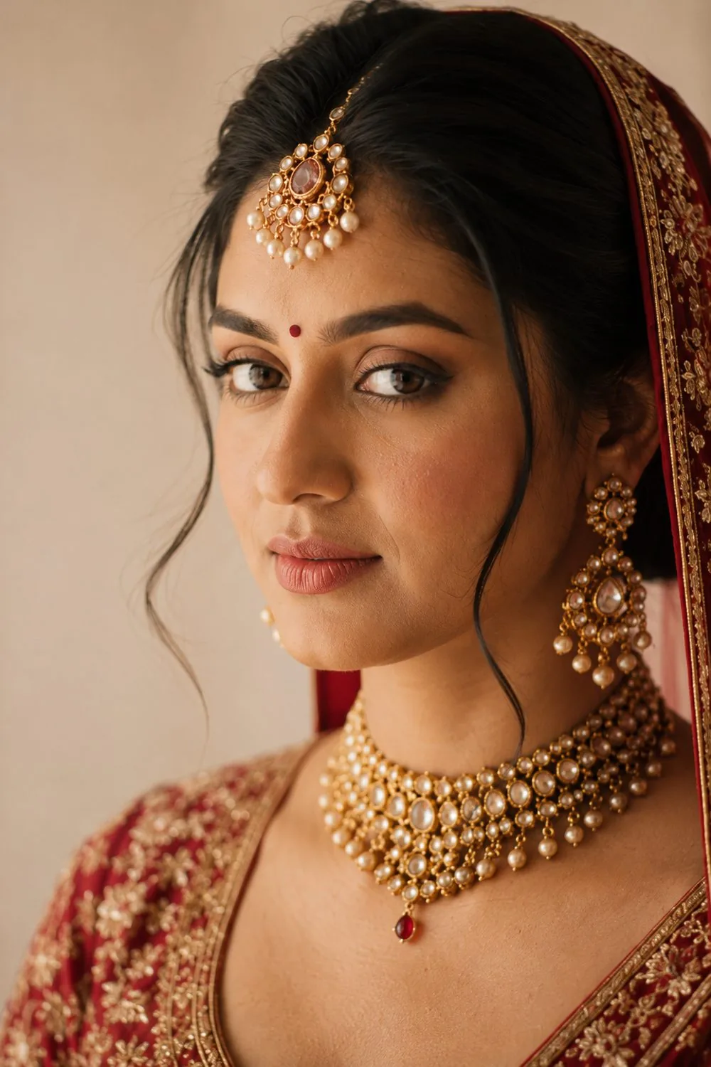 Bride in crimson and gold, looking down