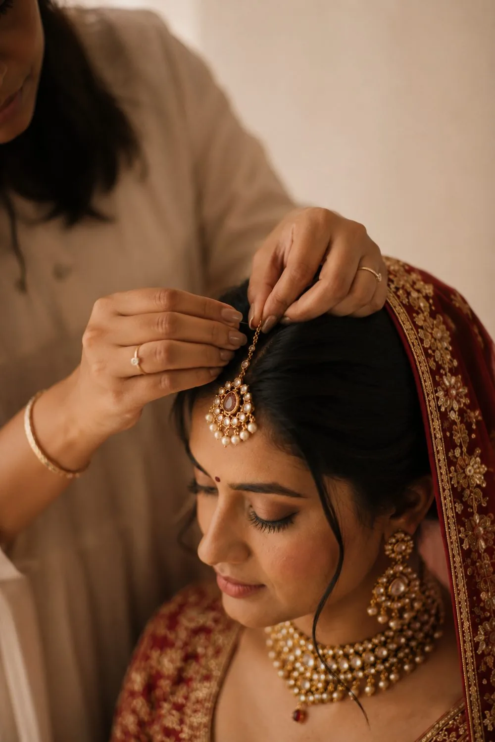 A maang tikka being set at the parting