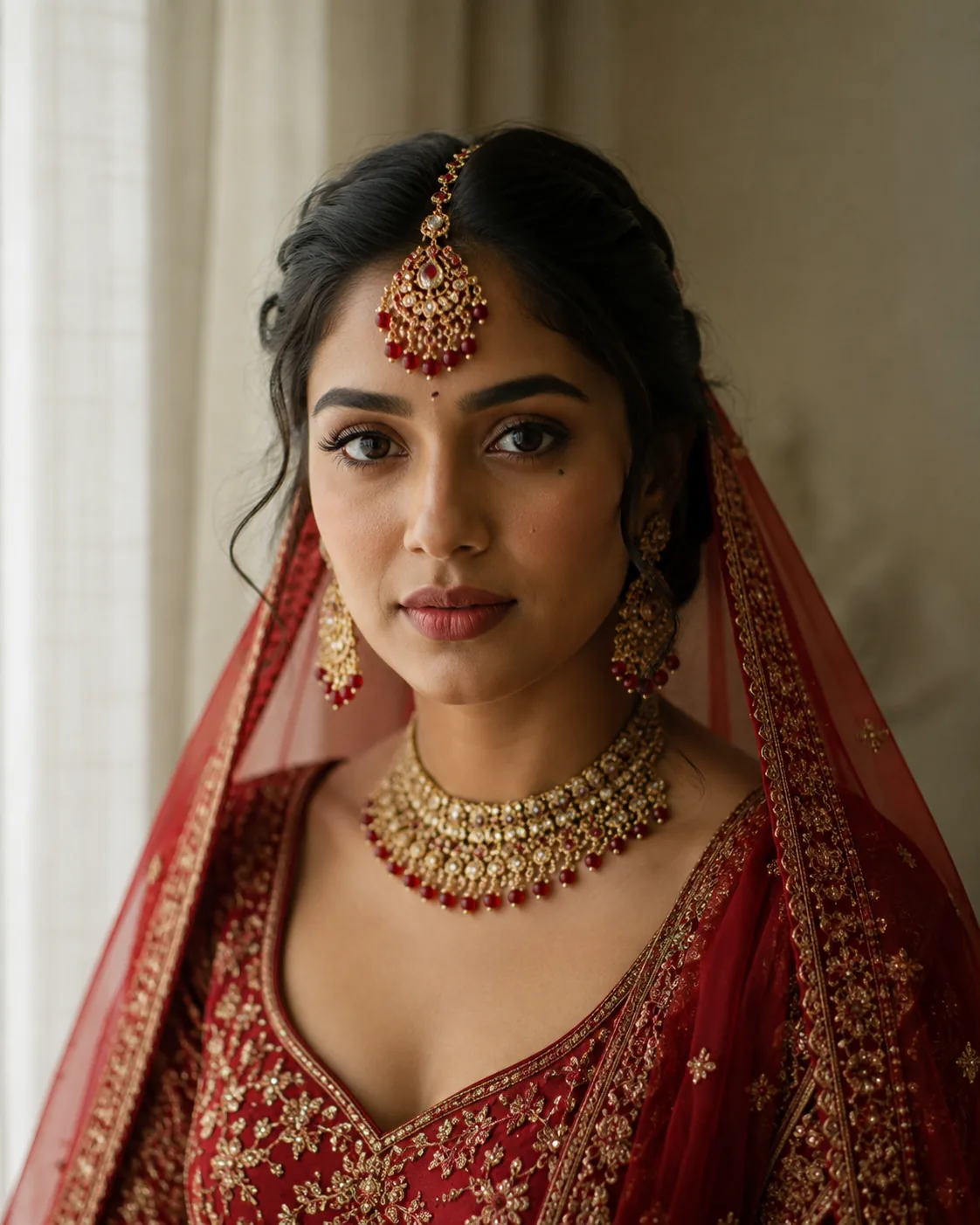 Full bridal look in crimson and gold