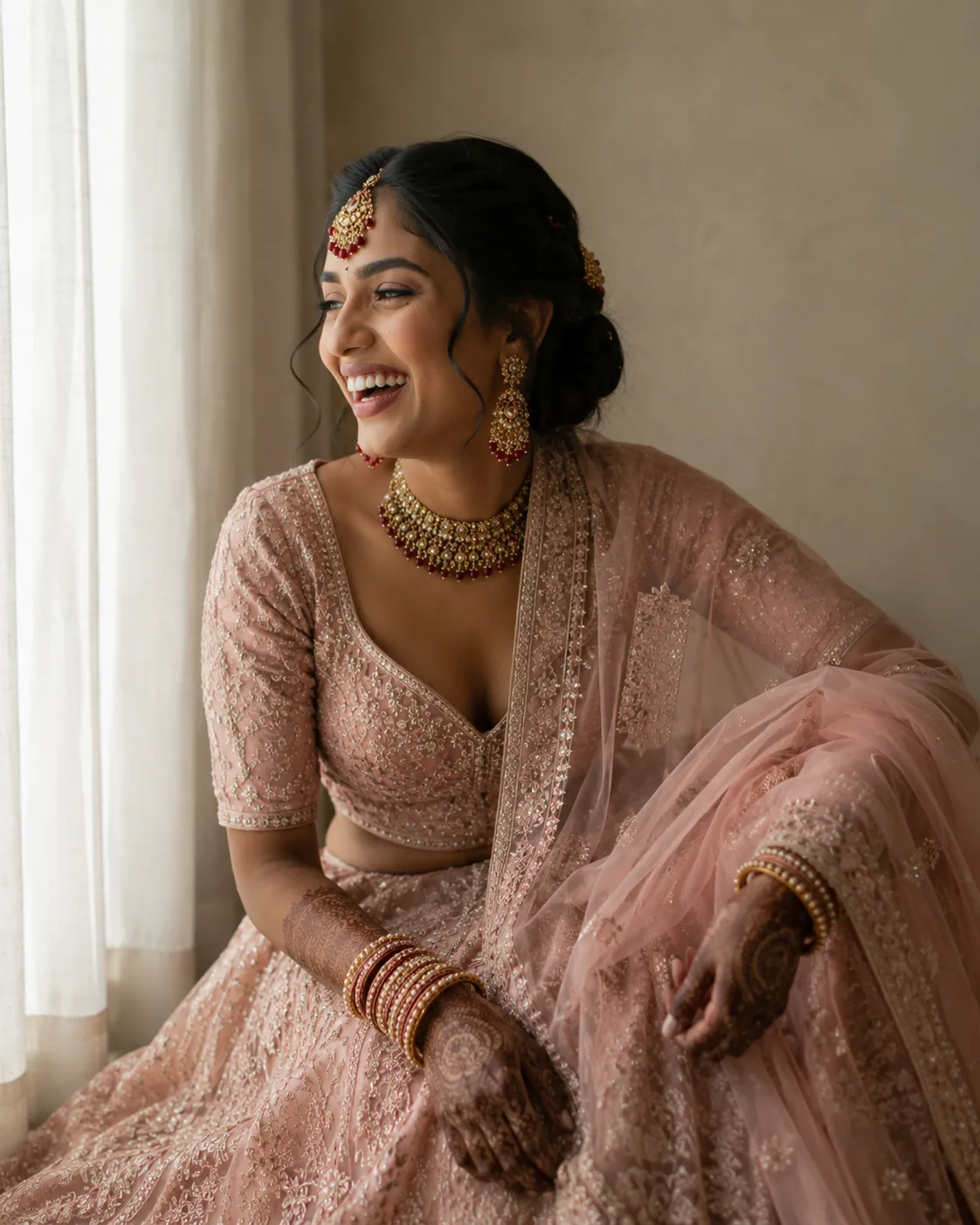 A softer engagement and reception look in blush