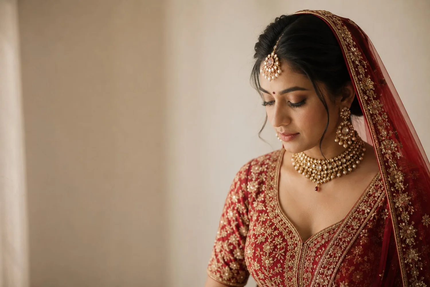 A bride in a crimson lehenga, photographed in soft window light