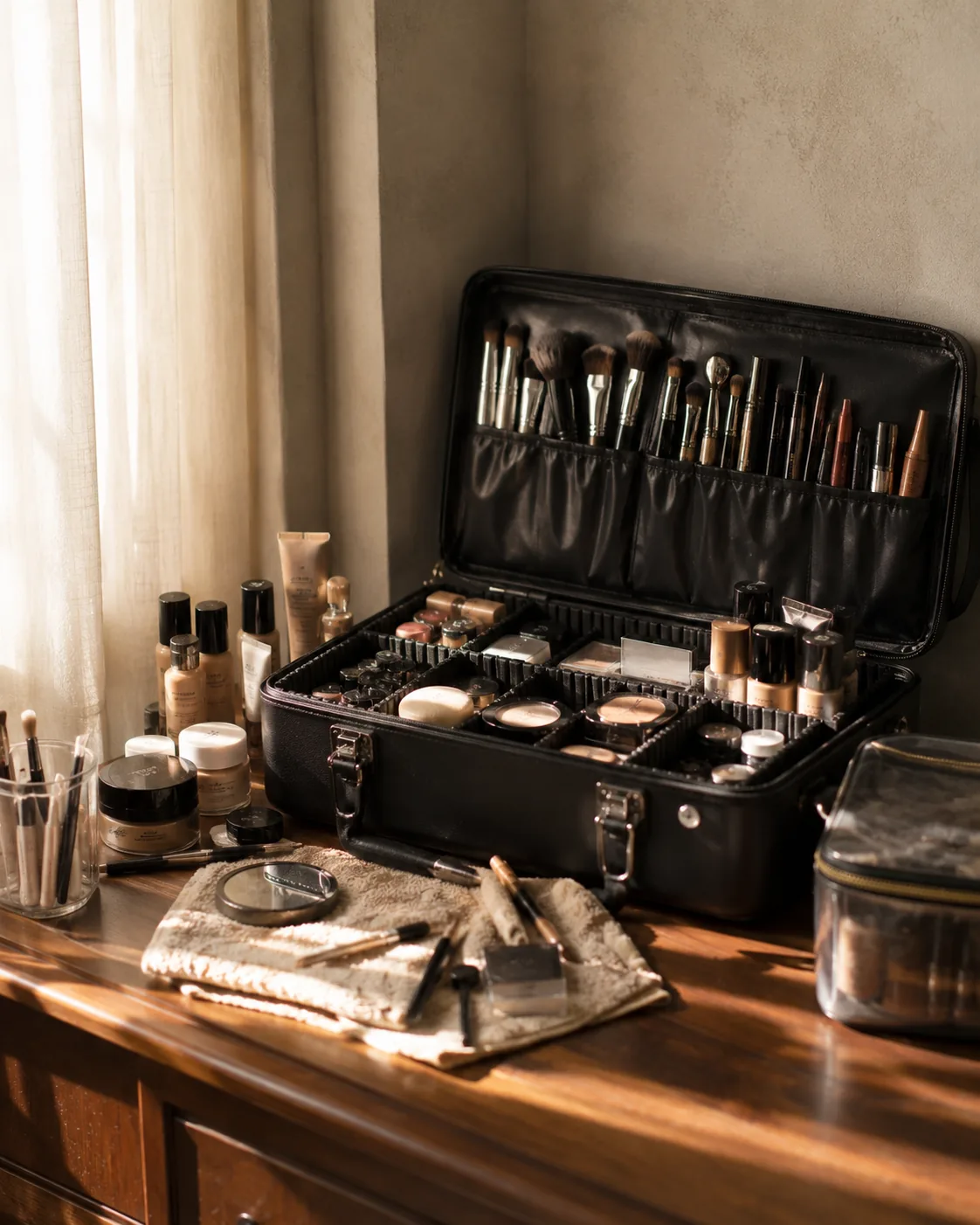 A makeup kit laid open on a dresser