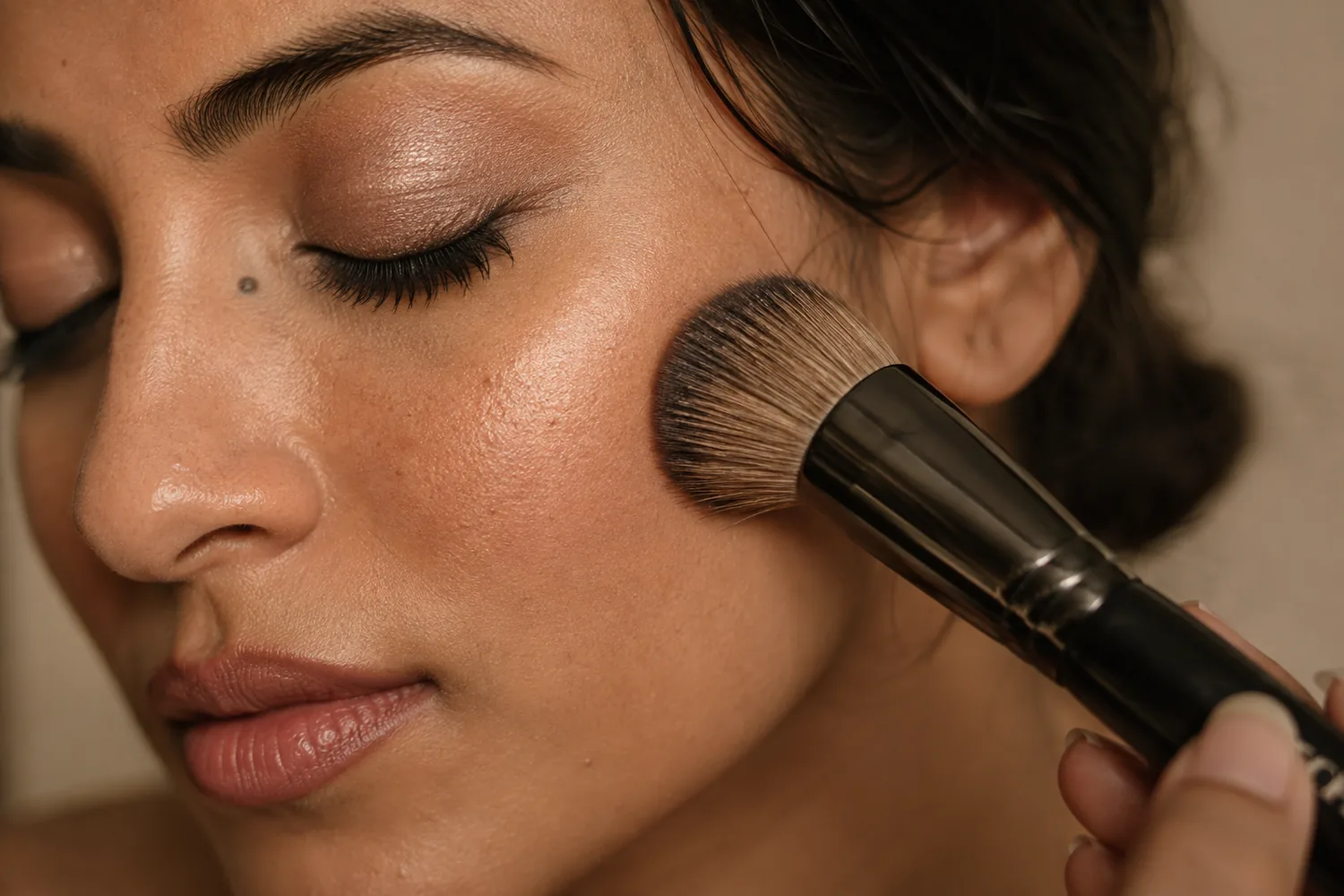 A blending brush against a bride's cheekbone