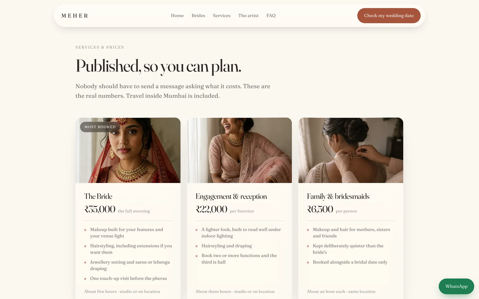 The Services and prices page of a concept site we designed