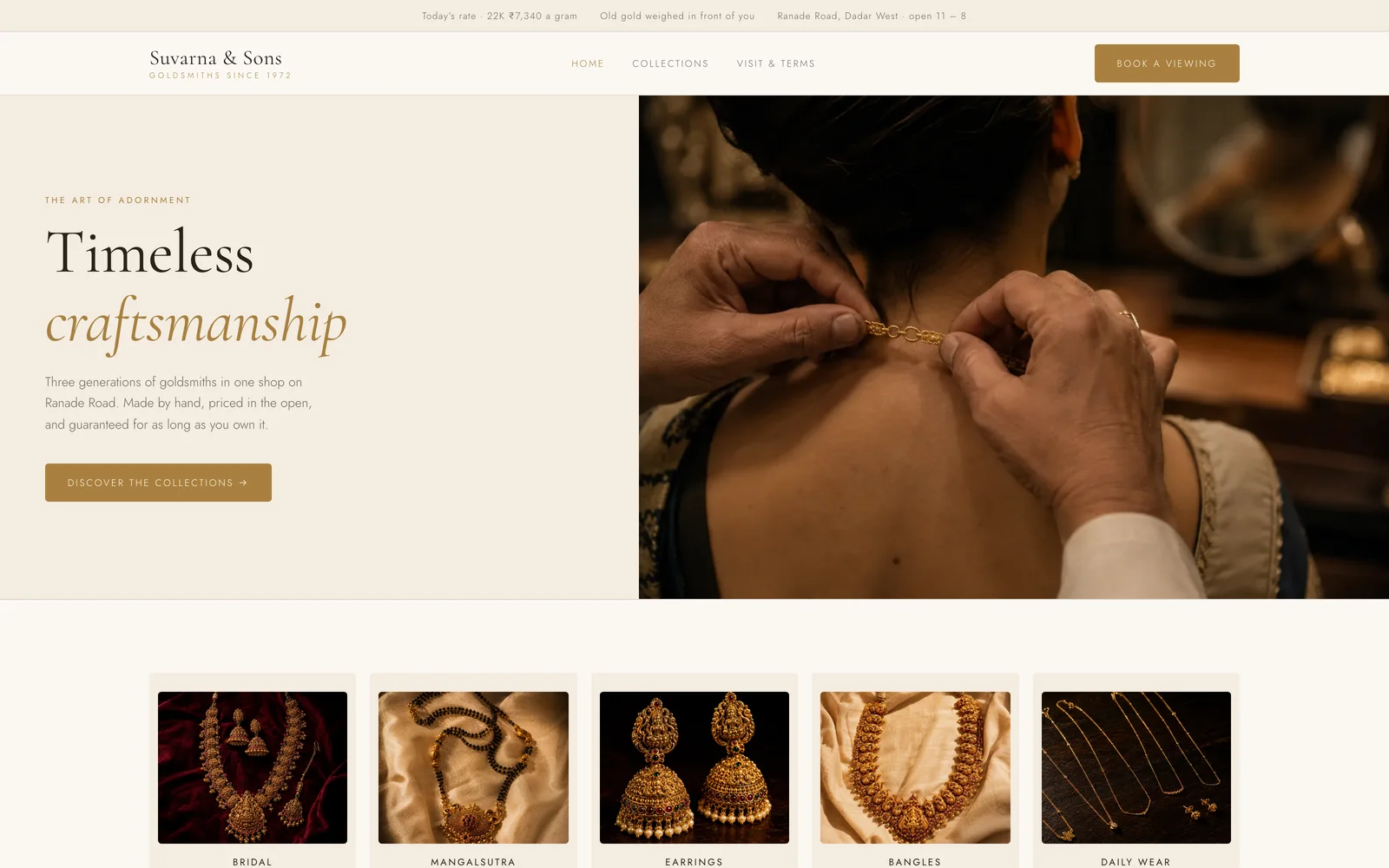 The home page of the Suvarna and Sons concept site we designed